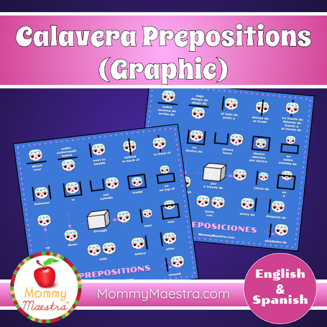 A downloadable calavera-themed preposition graphic for kids