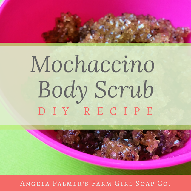 This mochaccino DIY body scrub recipe uses fragrant cocoa butter and coffee butter for a richly scented, all natural body scrub. Cocoa butter, coffee butter, and sweet almond oil add highly moisturizing and emollient properties to this DIY body scrub. Sugar and ground coffee beans exfoliate the skin, leaving your skin feeling soft and smooth. By Angela Palmer at Farm Girl Soap Co.