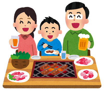 焼き肉を食べている家族のイラスト