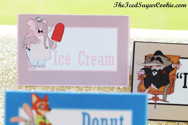Make Your Own DIY Zootopia Food Label Cards And Hanging Flag Banner by The Iced Sugar Cookie-Mole Mr Big, Nick Fox, Judy Bunny, Flash Sloth, Elephant Jerry