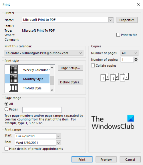 распечатать календарь Outlook