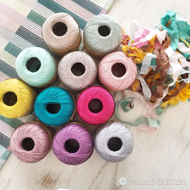 Scheepjes Sweet Treat and silk ribbon used for Felted Mitts designed by Susan Carlson of Felted Button for the Scheepjes YARN 8 Book-a-zine Tea Room Scheepjes Sweet Treat and silk ribbon used for Felted Mitts designed by Susan Carlson of Felted Button for the Scheepjes YARN 8 Book-a-zine Tea Room