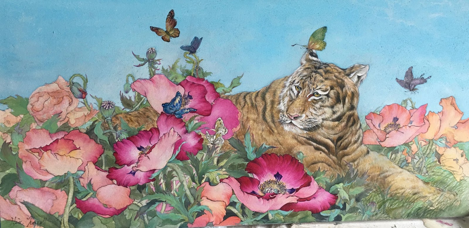 Tiger and pink flowers