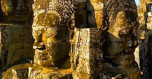 Face tower at Angkor Thom at sunset