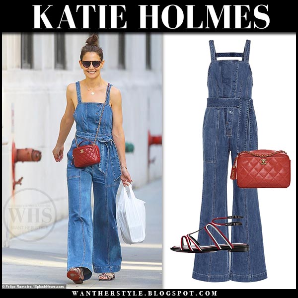 Katie Holmes in denim jumpsuit with red leather bag in NYC on June