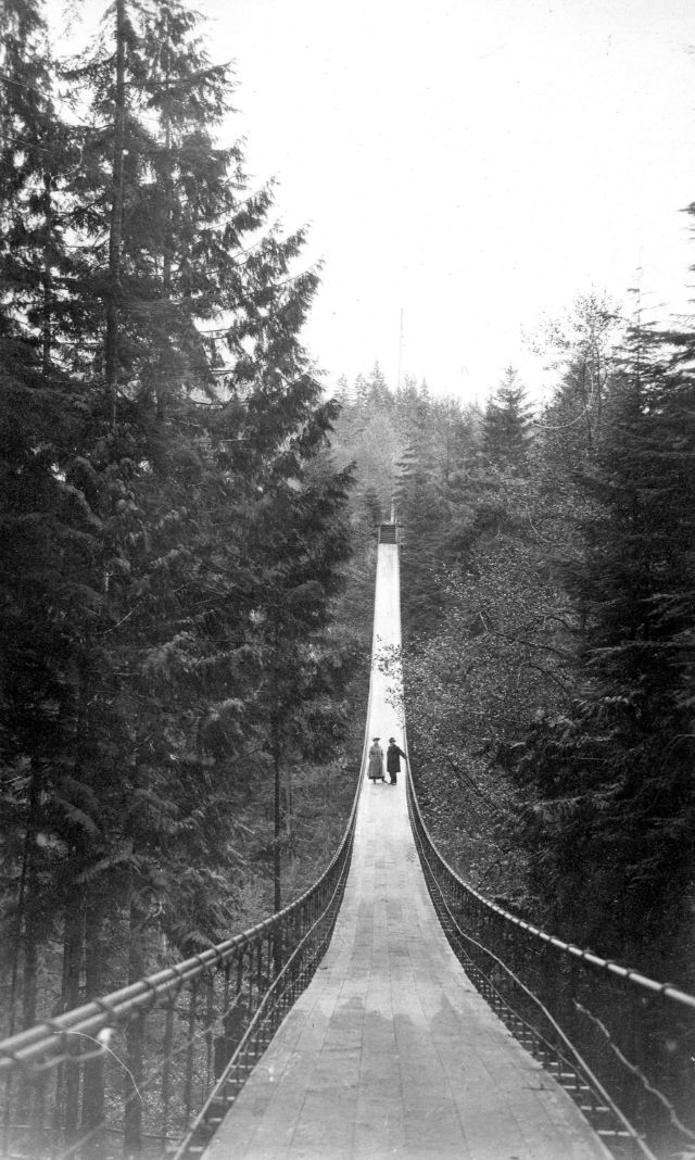 These vintage photographs capture people crossing the famous Capilano Suspension Bridge in Vancouver  1890 1910 - 73