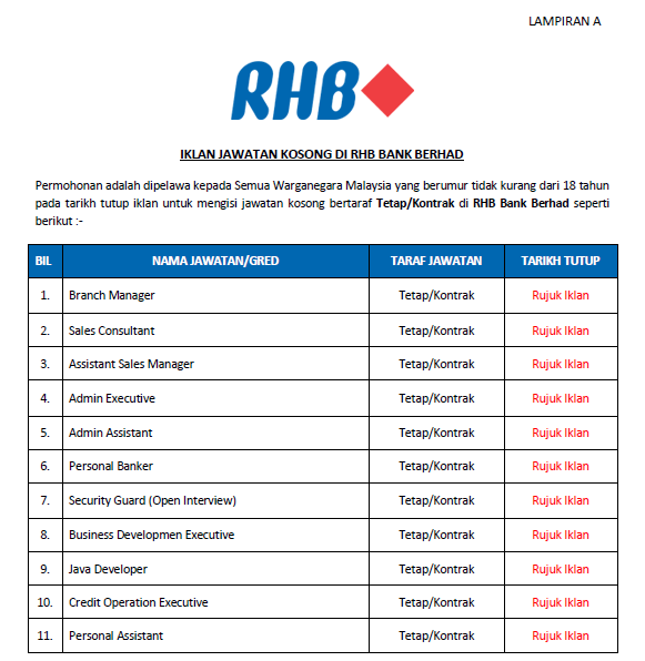 jawatan kosong rhb bank berhad