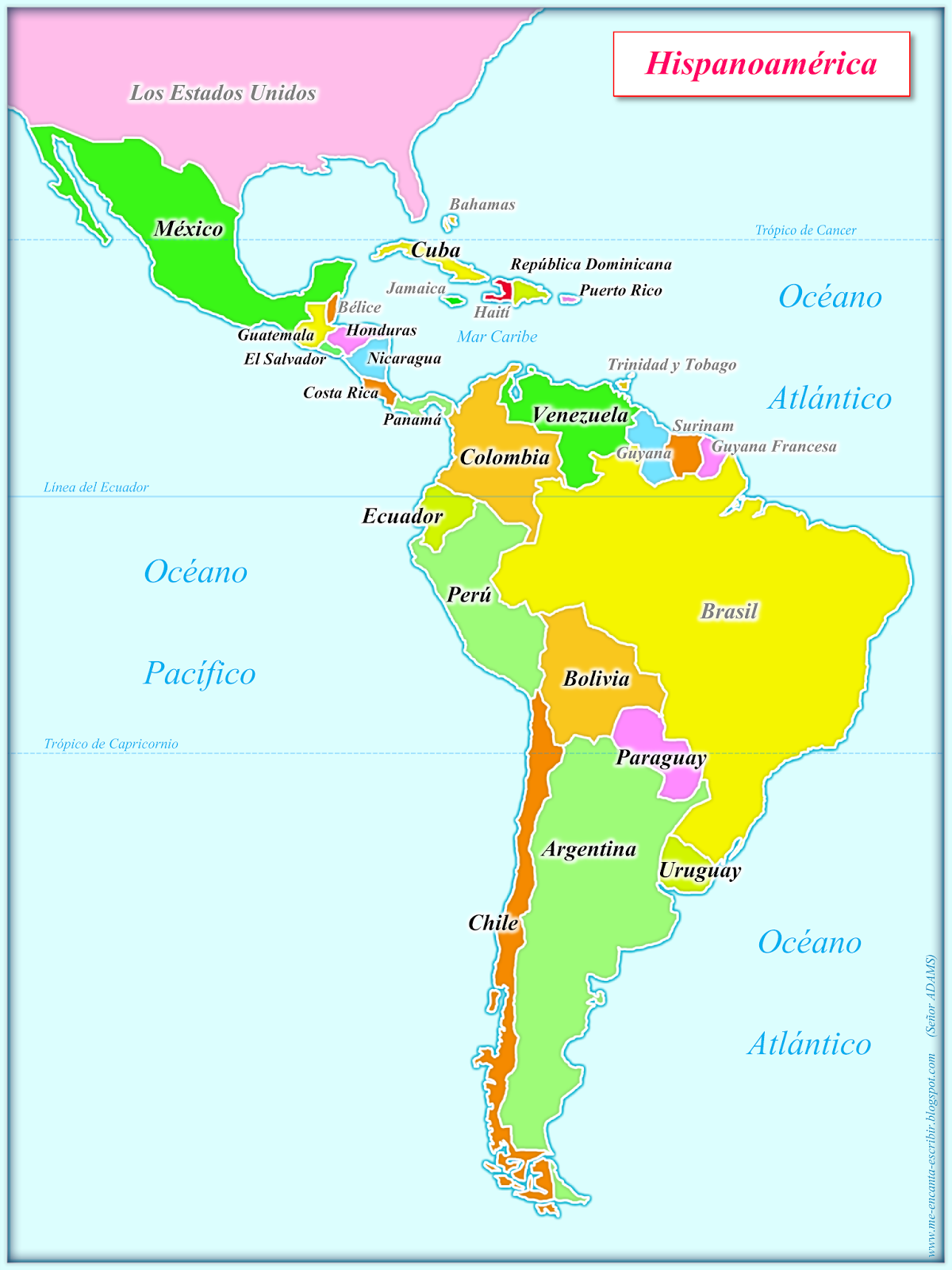 Me encanta escribir en español: Mapa de Hispanoamérica