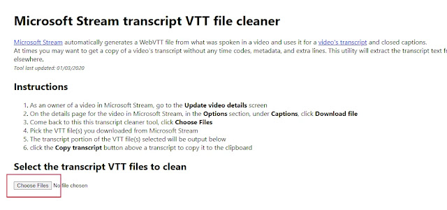 Select file in Microsoft Stream transcript cleaner
