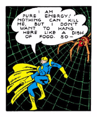 More Fun Comics (1935) #73 Page 7 Panel 2: Doctor Fate, snared in a giant spider's web, decides not to stick around for lunch.