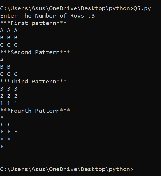 Write a python program to print patterns [AAA BBB CCC][A BB CCC][333 ...
