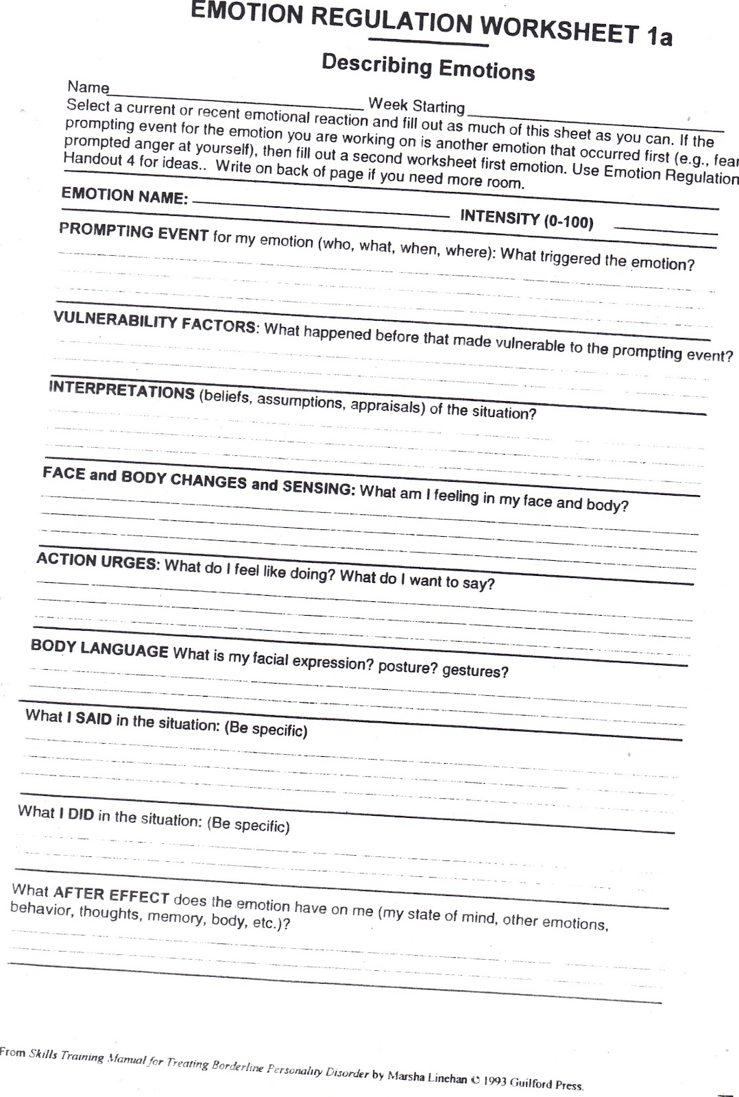 Emotion Regulation Worksheet