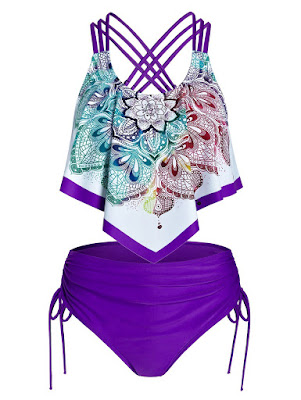 tankini en color lila y blanco, con diseño mandala en multicolor