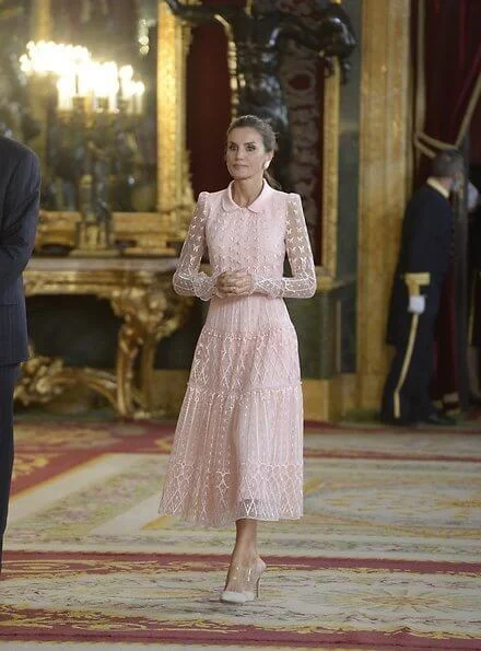 Queen Letizia wore a new pink embroidered tulle midi dress by Felipe Varela