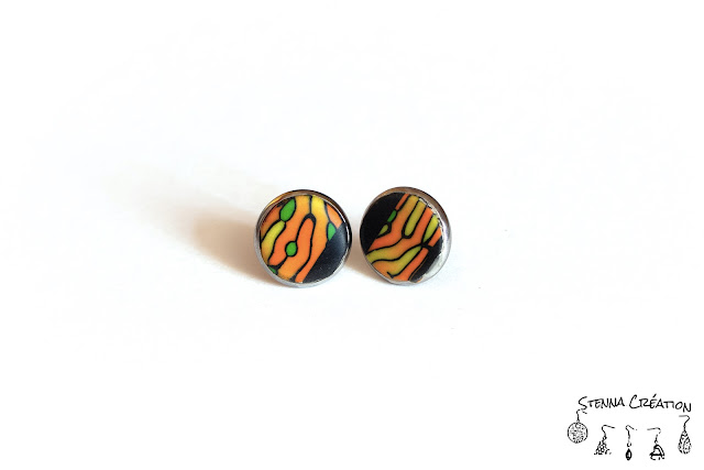 Boucles oreilles pâte polymère 2020 canne vermicelle jaune orange vert noir Fimo Stenna Création