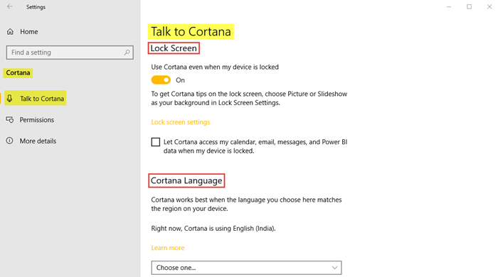 Paramètres Cortana dans Windows 10