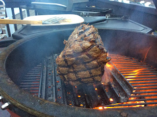 Searing prime rib on hot grill prior to smoking
