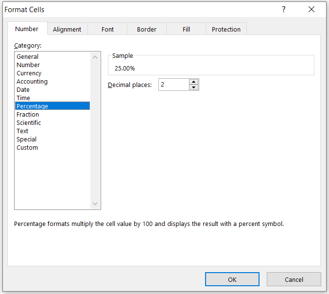 Percentage format in excel