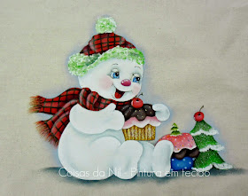 pintura em tecido para o natal boneco de neve com cupcakes