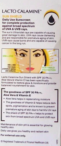 The natural Aloe Vera extracts and SPF 30 present in Lacto Calamine Sunshield for dry to normal skin will keep your skin safe from the sun The natural Aloe Vera extracts and SPF 30 present in Lacto Calamine Sunshield for dry to normal skin will keep your skin safe from the sun