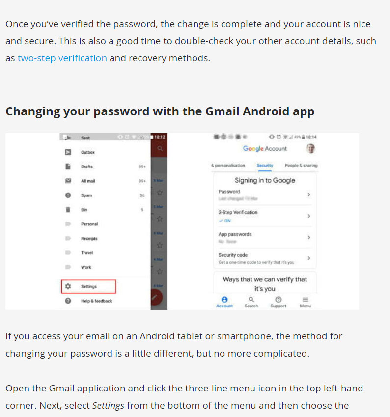 change gmail password on droid app