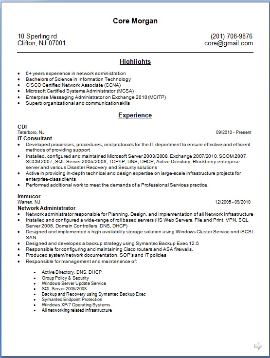 Network Administrator Resume Format For Job Interview in Word Free Download