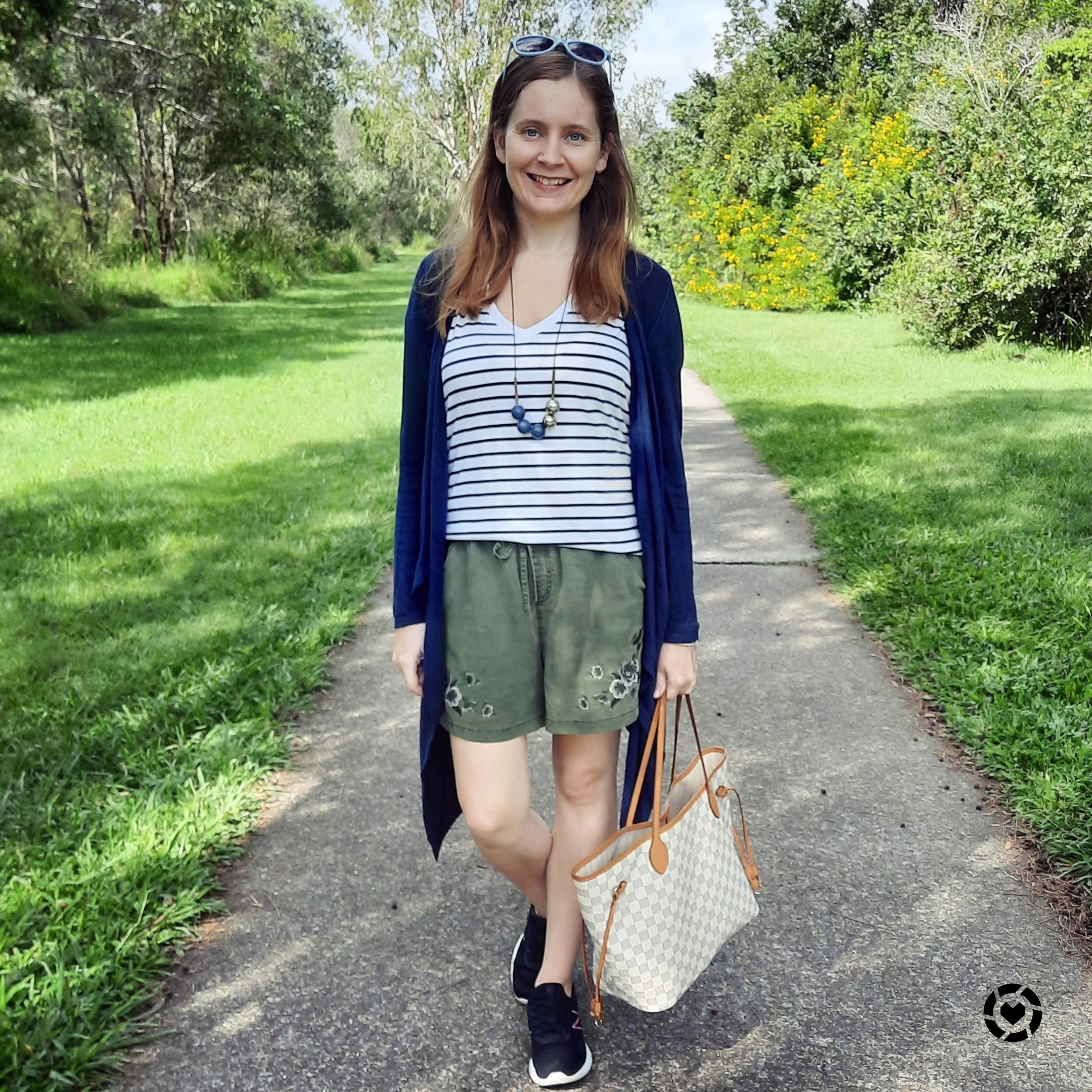 Away From Blue  Aussie Mum Style, Away From The Blue Jeans Rut: Denim  Shorts, Slouchy Tees, Printed Scarves and Louis Vuitton Neverfull Tote