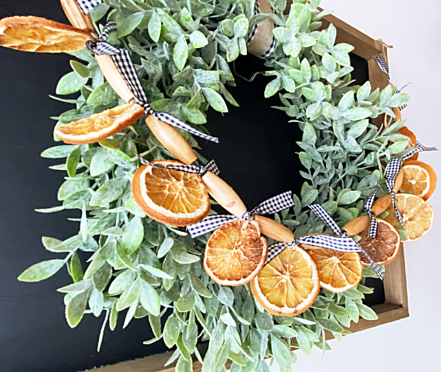 Beaded orange slice garland on a wreath