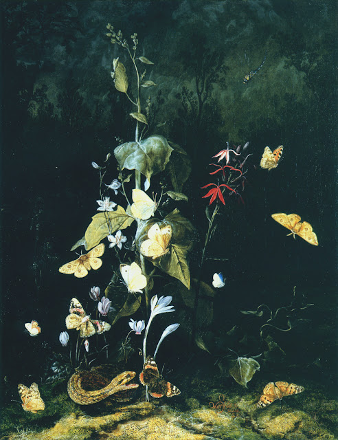Otto Marseus van Schrieck - Plantes sauvages et papillons dans un paysage de forêt