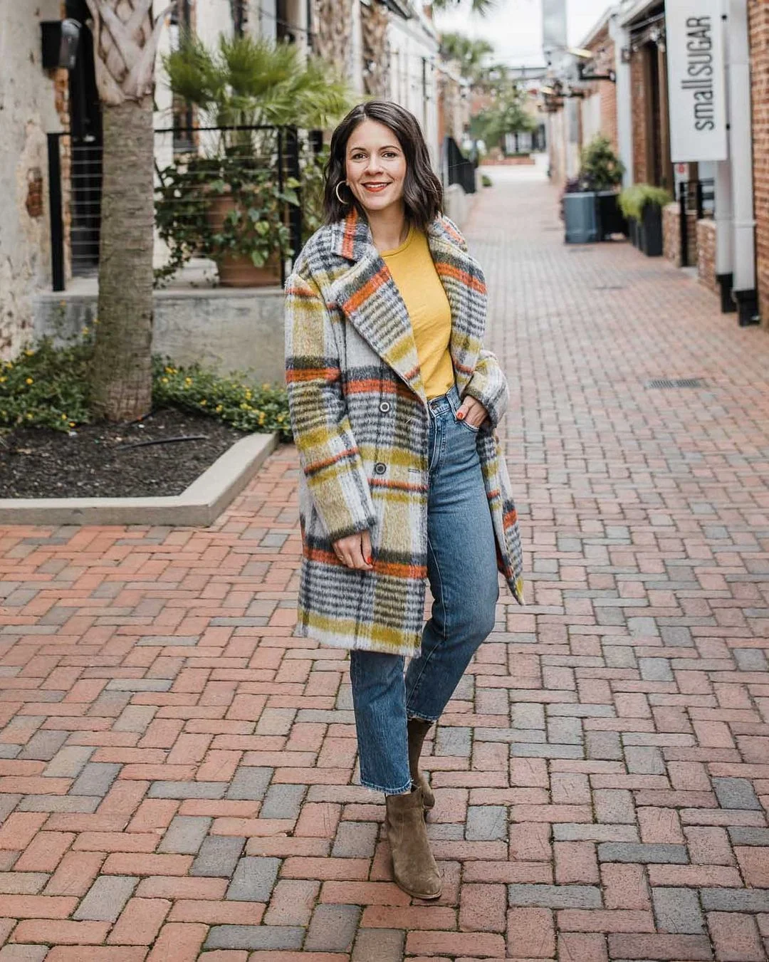 Plaid coat with yellow stripe