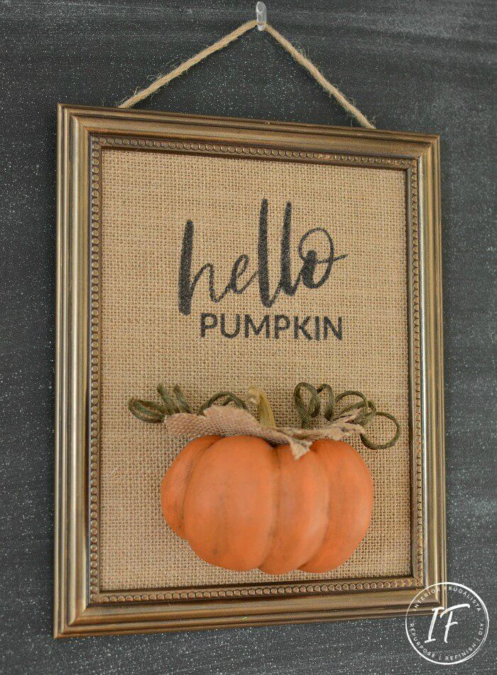 A unique DIY Hello Pumpkin Burlap Wall Art idea for Fall using inexpensive repurposed dollar store finds plus tips for how to print on burlap fabric.