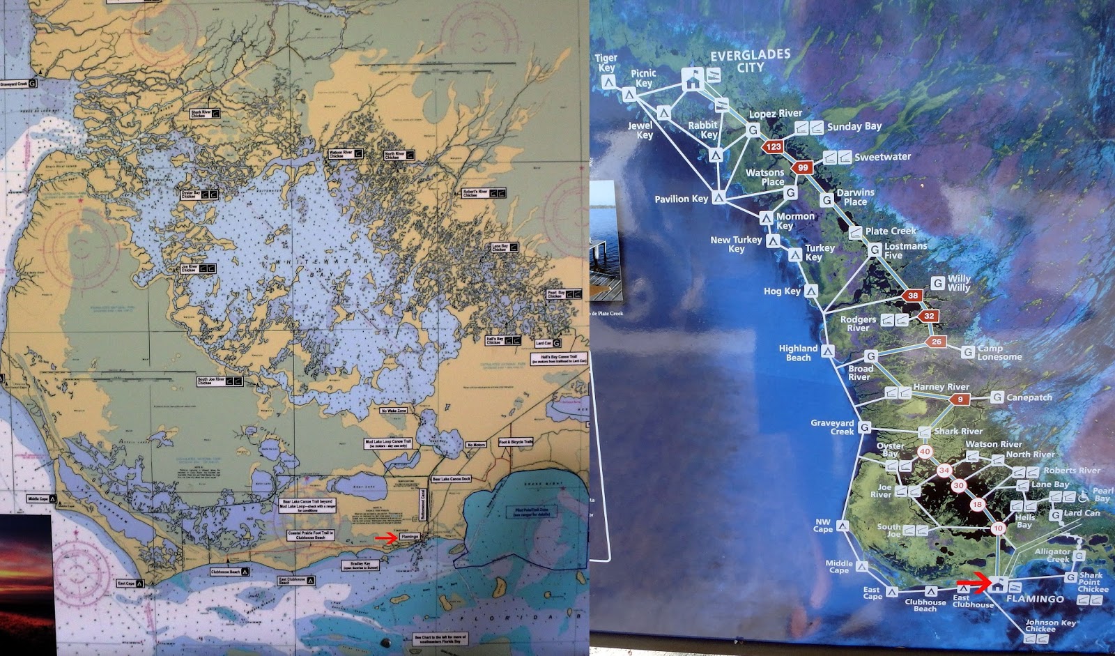 we are at the red arrow the right map shows all of the waterways and campsites here average trip duration by motorboat from flamingo to everglades we are at the red arrow the right map shows all of the waterways and campsites here average trip duration by motorboat from flamingo to everglades