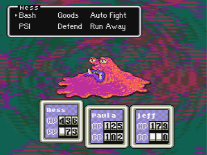 The party battles Master Barf, the evolved form of Master Belch in EarthBound.