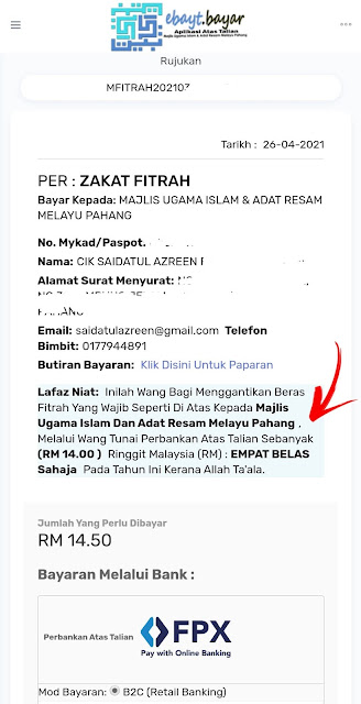 Cara bayar Zakat Fitrah secara dalam talian 'Online' Negeri Pahang