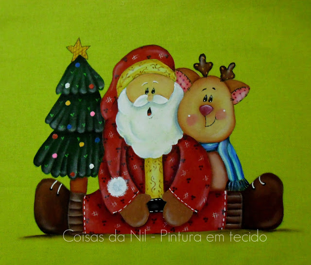 pintura em tecido estilo country de papai noel com rena e arvore de natal