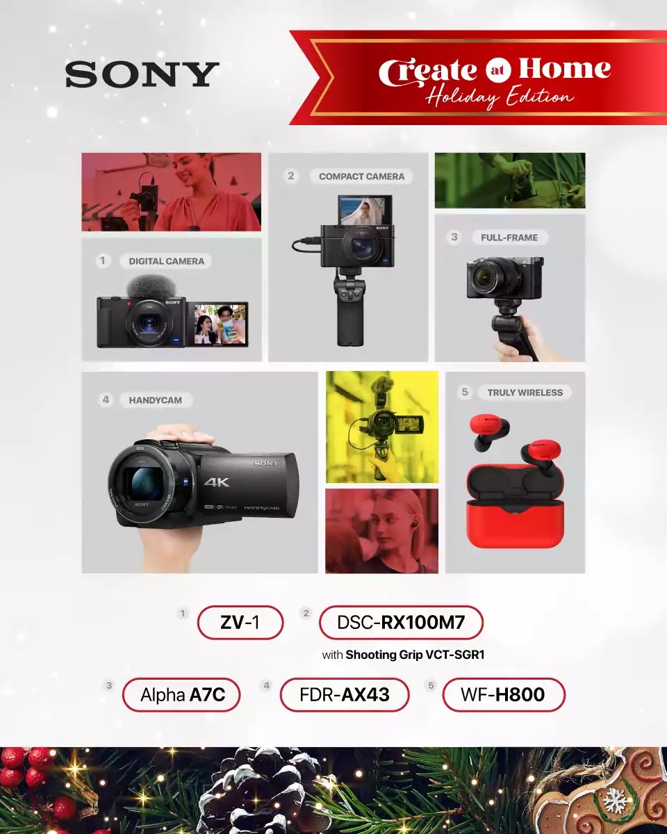 Sony digital camera ZV-1, full-frame compact Alpha 7C or the FDR-AX43 Handycam Sony Create at Home