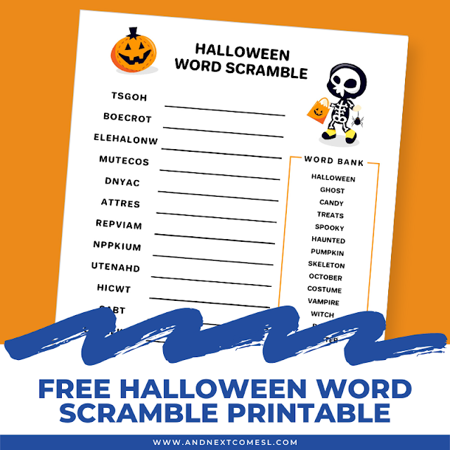 Halloween word scramble free printable for kids