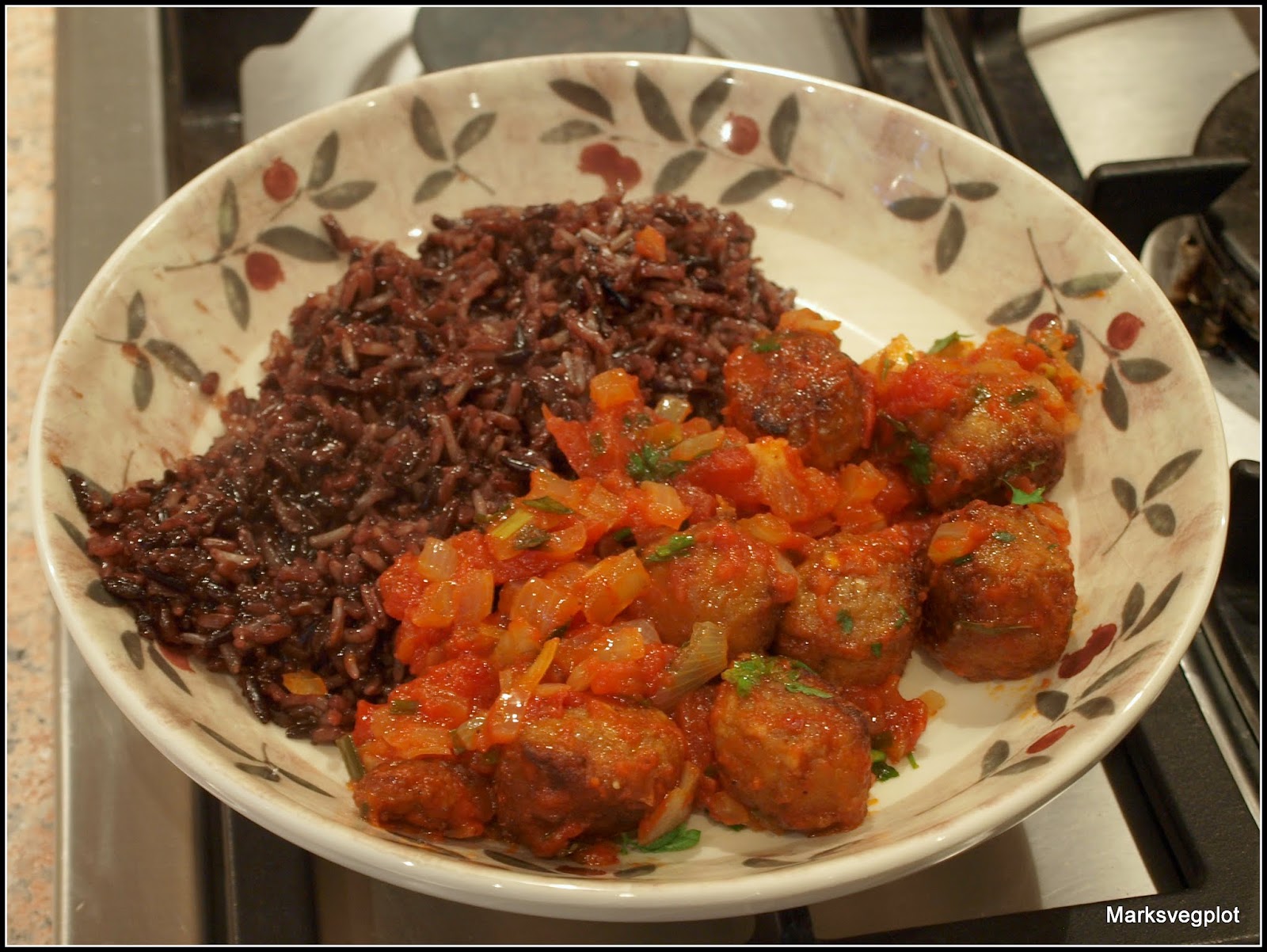 Mark's Veg Plot Marinara meatballs and Camargue rice