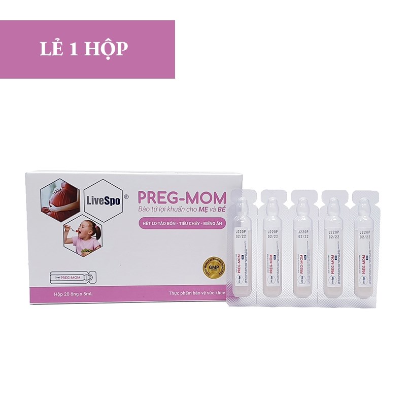 LiveSpo Preg – Mom bào tử lợi khuẩn cho tiêu hóa mẹ và bé Hết lo táo bón – Tiêu chảy – Biếng Ăn Hộp 20 ống