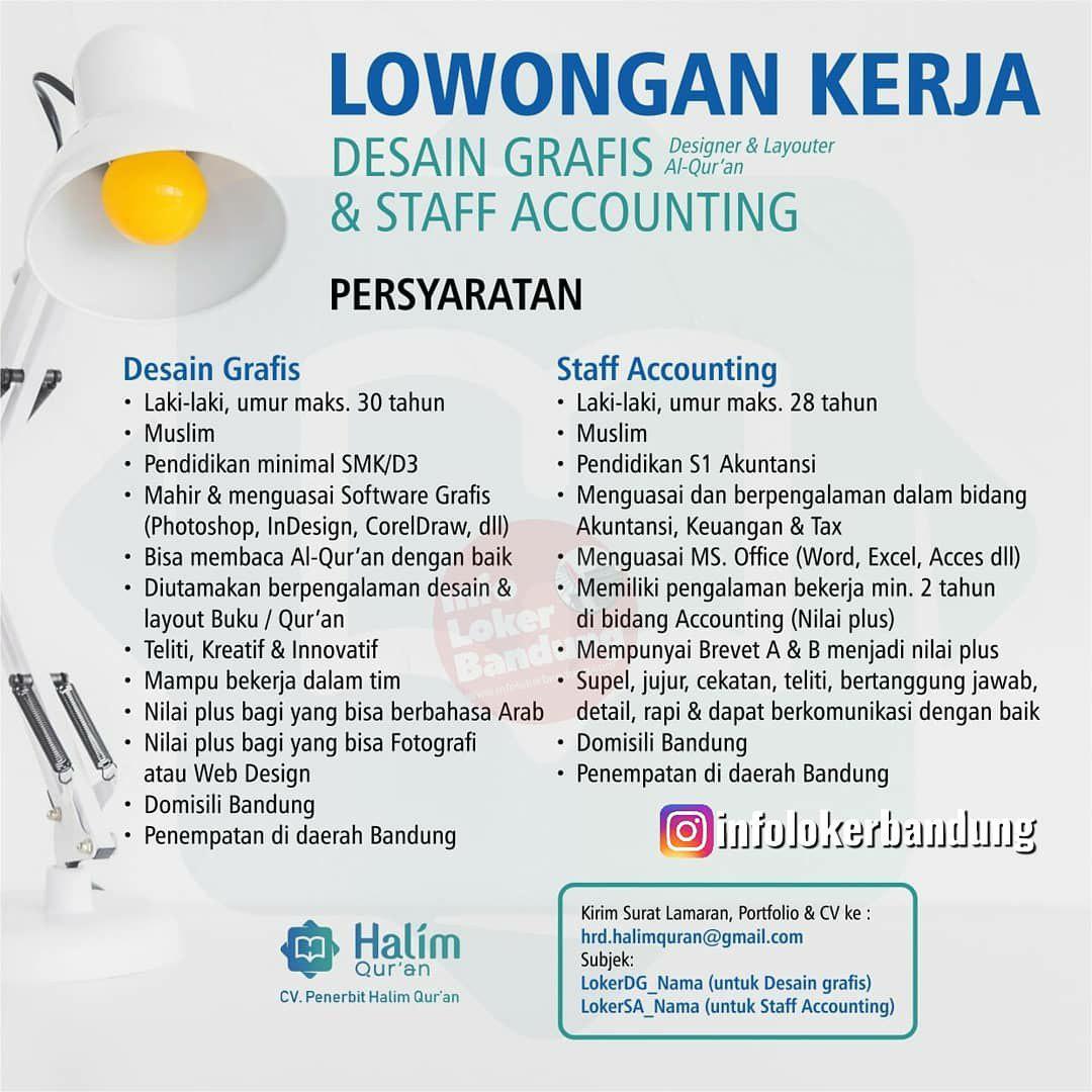 Lowongan Kerja Desain Grafis & Staff Accounting CV. Penerbit Halim Quran Bandung Juli 2019