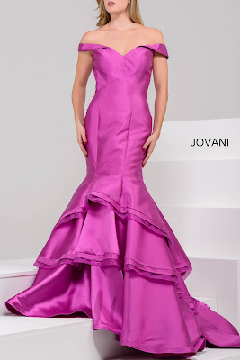 Fuchsia Color Off the Shoulder Red Carpet Dress in Jovani Design