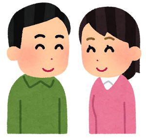 笑顔で向き合う人たちのイラスト（男性と女性）