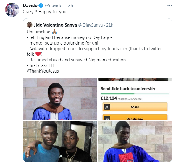 Davido Reacts As Young Nigerian Man Whom He Sponsored To The University Gradautes With First Class