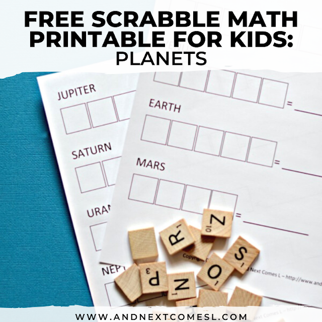 Space themed Scrabble math worksheet {free printable}