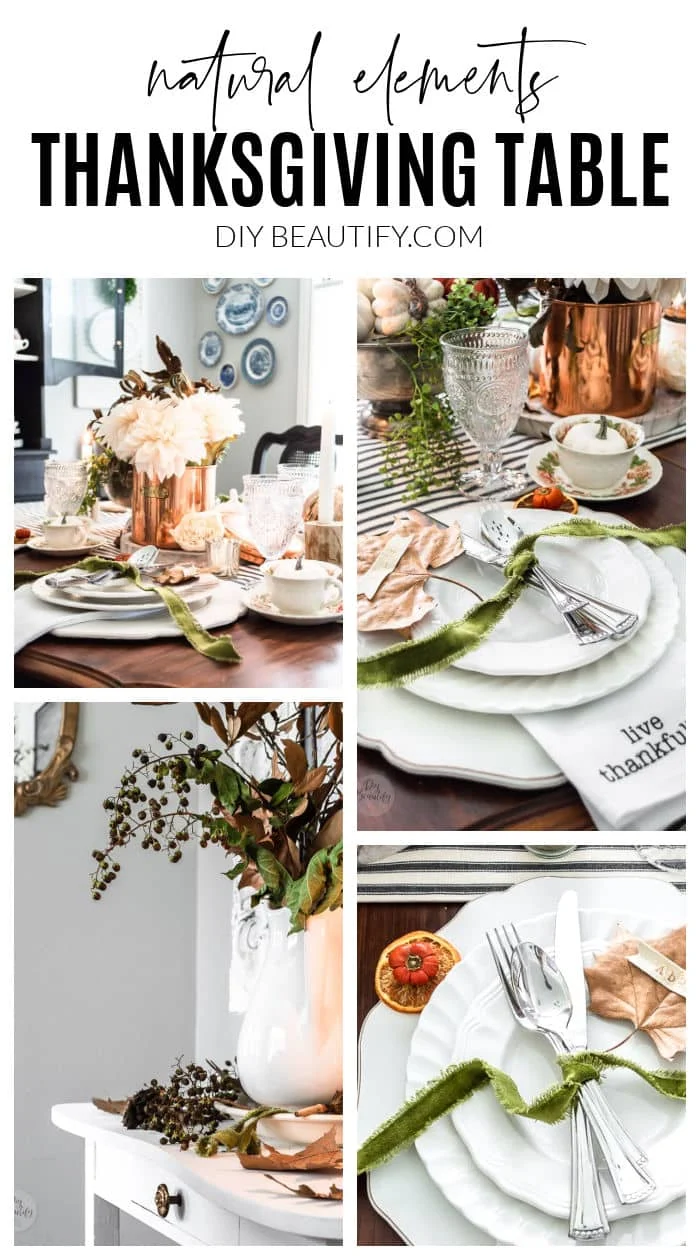 Natural Fall foliage and branches along with mixed metals, velvet ribbon and white dishes