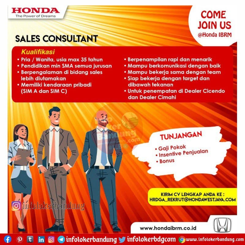 Lowongan Kerja Sales Consultant Honda IBRM Cimahi & Bandung April 2021