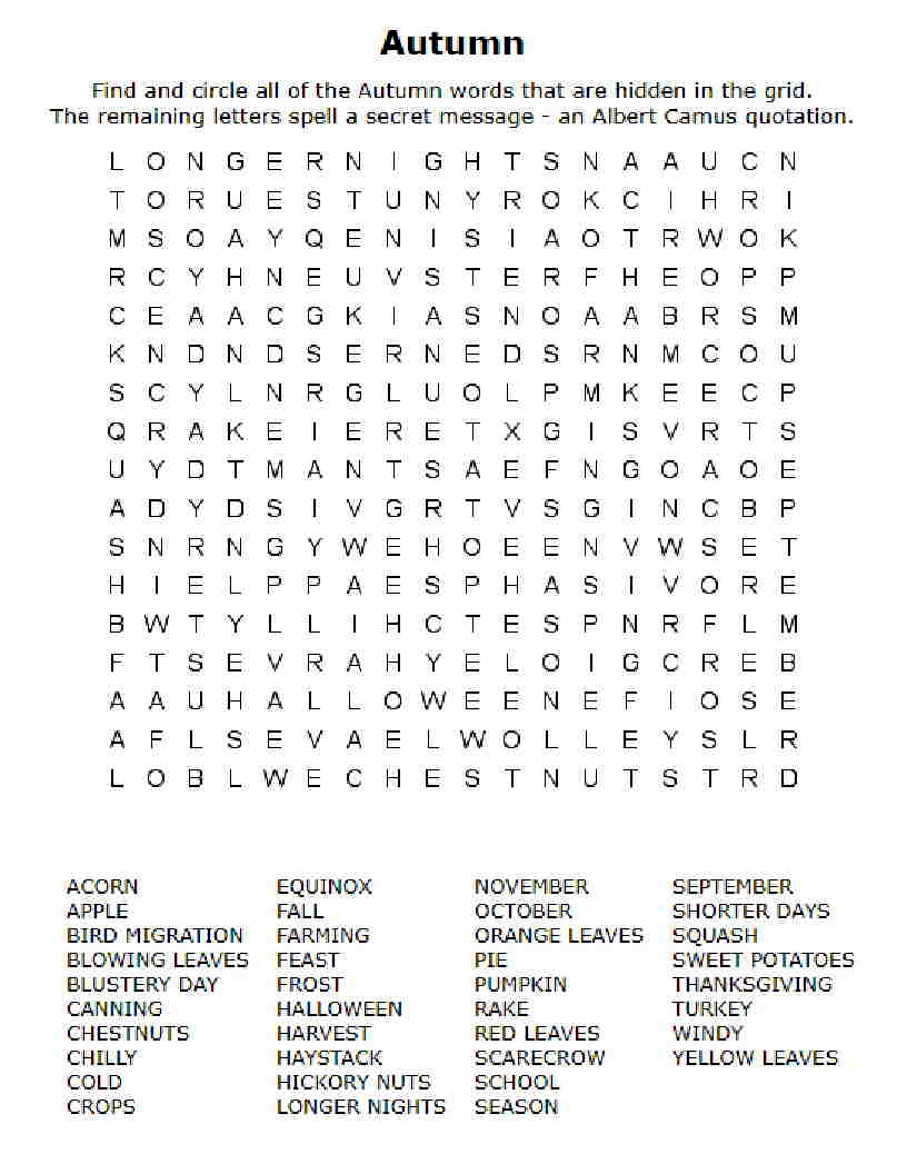 Autumn Word Search Printable