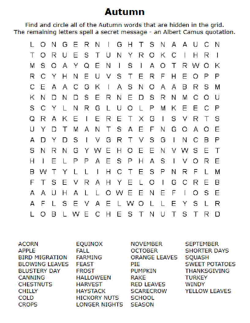 Fall Word Search Printable Fall Word Search Printable