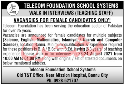 Telecom Foundation School Systems Bannu latest Jobs 2021