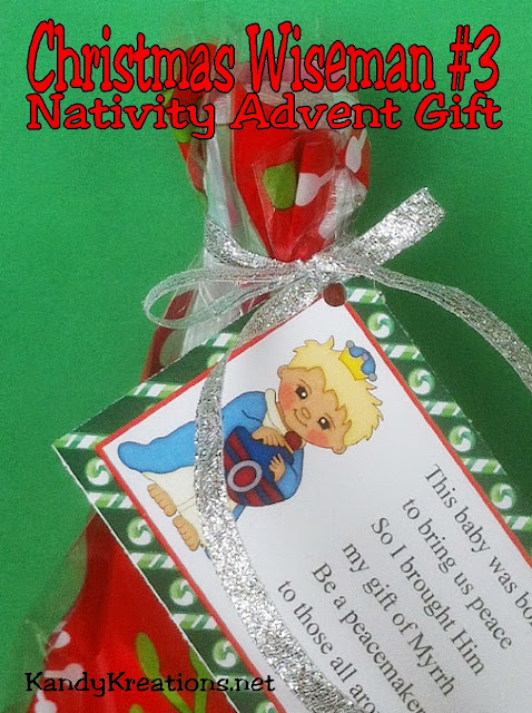 This Nativity Advent Calendar is a wonderful neighbor gift idea this Christmas.  Each day, wrap up the candy, add the poem and tag free printable, and give a gift that will bring Christ back into Christmas. Day 7 is the third wise man bringing his gift of Myrrh to the peacemaker and conquerer, Jesus Christ. #advent #christmas #wisemen #bagtopper #countdown #nativity #diypartymomblog